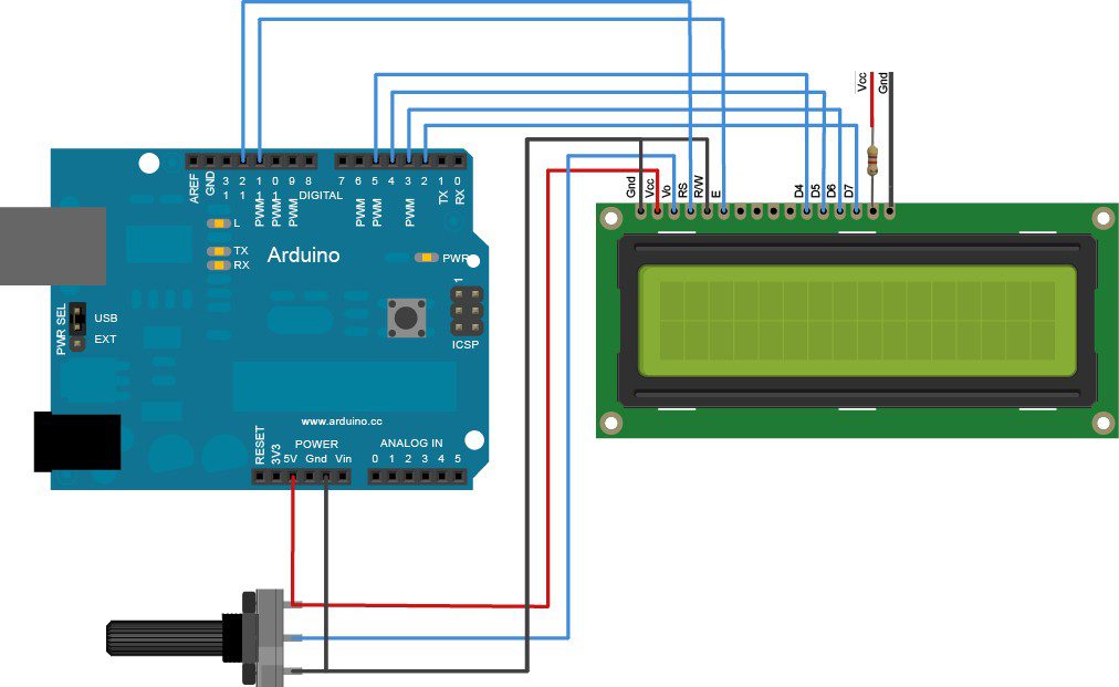 Shemat podłączenia LCD do Arduino