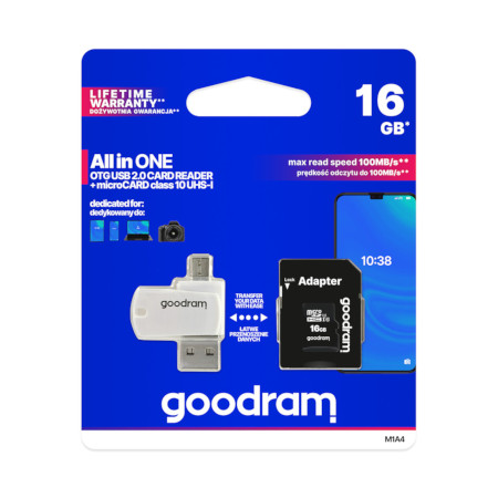 Goodram All in One - 16 GB microSD-Speicherkarte der Klasse 10 + Adapter + OTG-Lesegerät