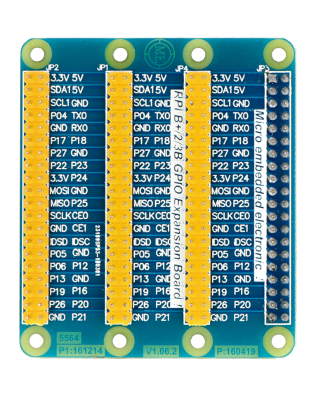 GPIO-Overlay – Draufsicht. Die Leads sind auf dem Board signiert
