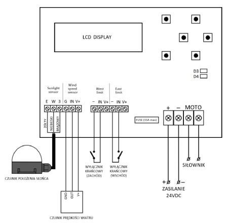 Solar tracker - sterownik jednoosiowych trackerów fotowoltaicznych 12 V / 24 V DC 15 A - układ śledzący słońce - STE-SOL1