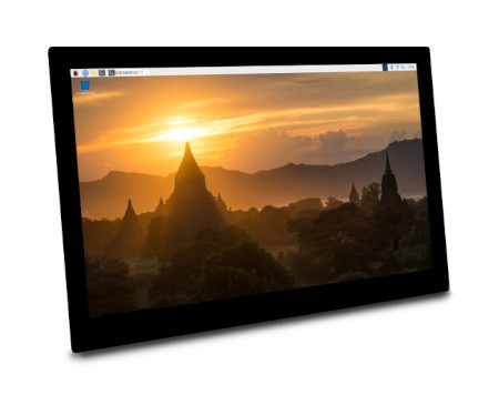 Schwarzes Waveshare-Display mit Hintergrundbild von Hügeln und Gebäuden.
