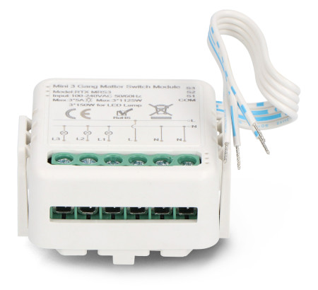 Przekaźnik 3-kanałowy dopuszkowy 5 A - WiFi - Matter - aplikacja Android / iOS - RTX MRS3