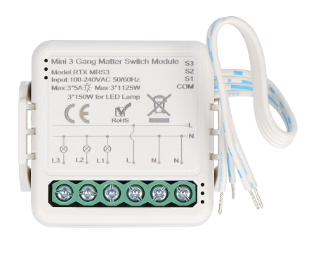 Przekaźnik 3-kanałowy dopuszkowy 5 A - WiFi - Matter - aplikacja Android / iOS - RTX MRS3