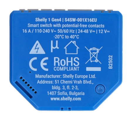 Shelly 1 Gen4 - przekaźnik WiFi/Bluetooth/ZigBee/Matter 16A - aplikacja Android/iOS