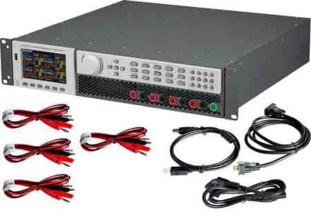 Das Set beinhaltet: Korad KC3405 Labornetzteil, 4 Verbindungskabel, USB-Kabel, RS232-Kabel und Netzkabel für das Netzteil